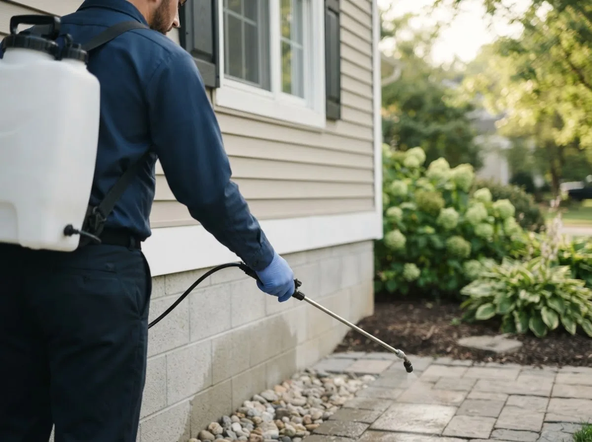 Pest control technician inspecting a home in Stanton, NE